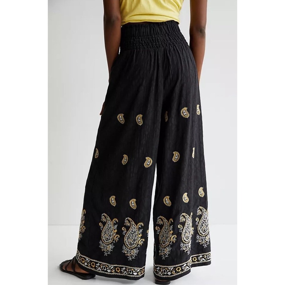Anthropologie Maeve Smocked Wide Leg Embroidered Pants lined boho festival Small - Picture 2 of 11
